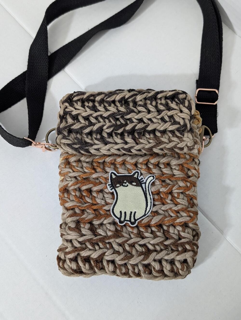 Handmade Crochet Crossbody Bag Earth Tones Cat Patch Festival Purse
